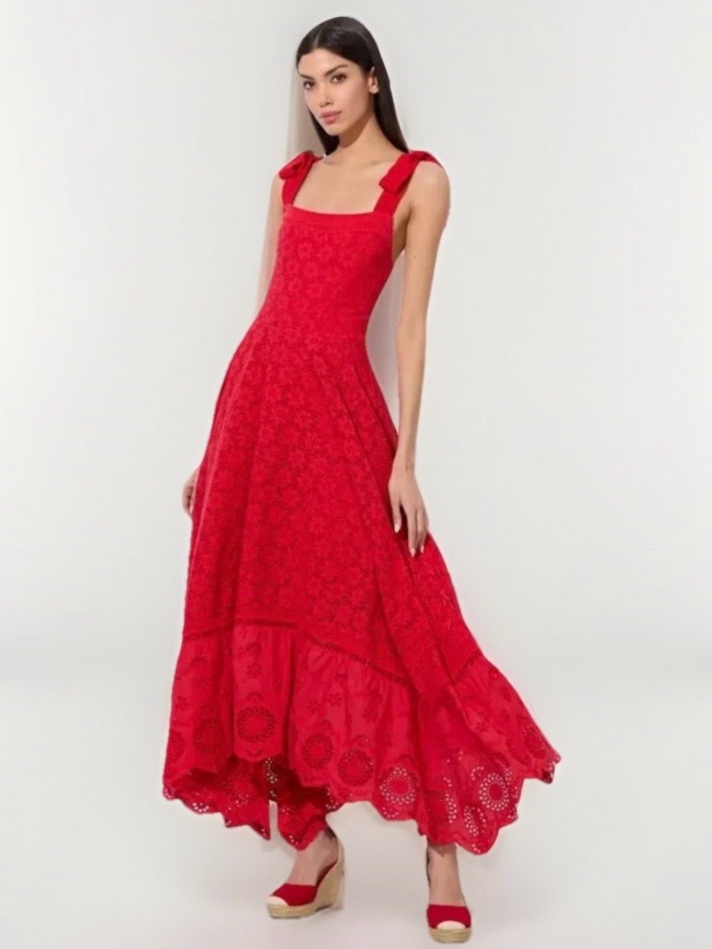 Alice + Olivia Rosalee Red Eyelet Maxi Dress Size 12 NWT $795